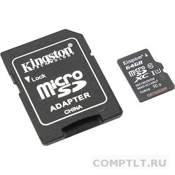 Карта памяти MicroSD 64Gb Kingston Class 10 UHS-A1 Canvas V10 80/20