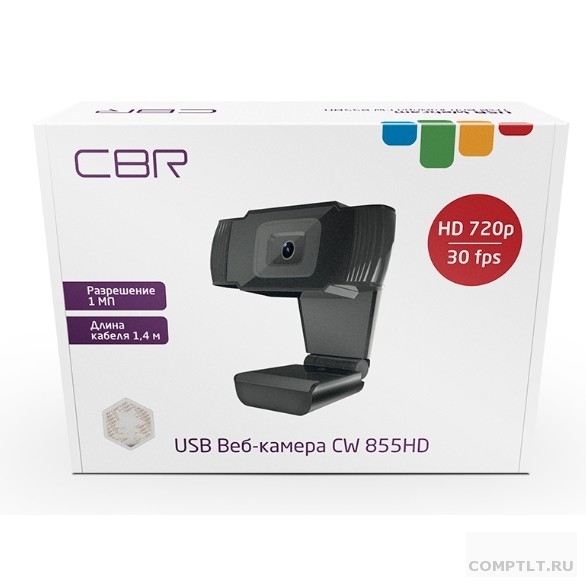 Веб-камера CBR CW 855HD Black с матрицей 1 МП, разрешение видео 1280х720, USB 2.0, встроенный микро