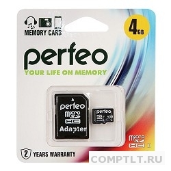 Micro SecureDigital 4Gb Perfeo PF4GMCSH10A MicroSDHC Class 10, SD adapter