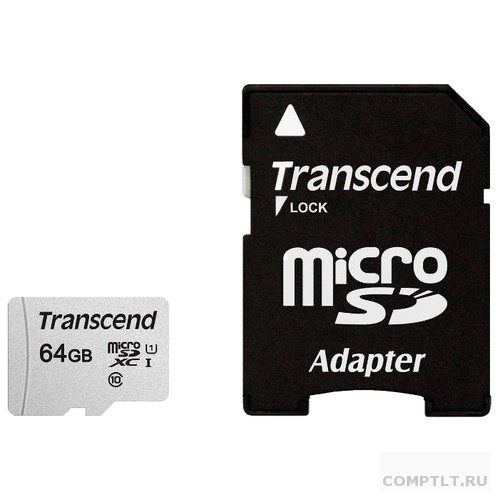 Micro SecureDigital 64Gb Transcend Class 10 TS64GUSD300S-A MicroSDXC Class 10 UHS-I, SD adapter