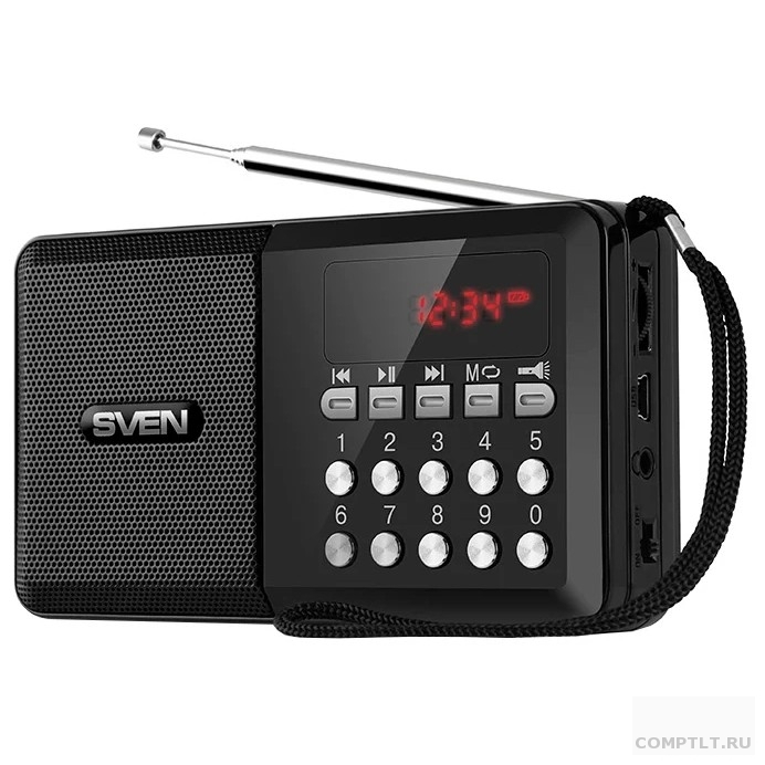 SVEN PS-60, черный 3 Вт, FM-тюнер, USB, microSD, LED-дисплей, фонарь, 3xAA, 600мАч