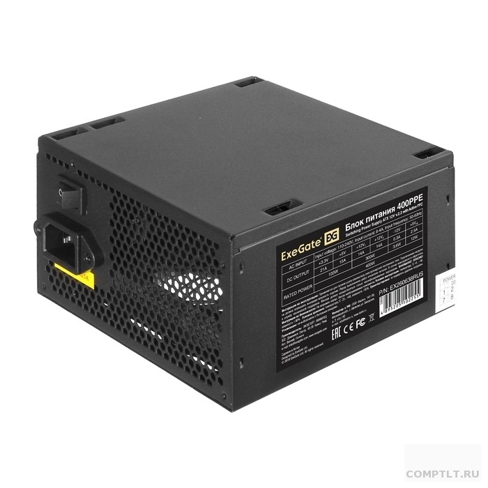 Exegate EX260638RUS-PC Блок питания 400W ExeGate 400PPE ATX, APFC, PC, КПД 80 80 PLUS, 12cm fan, 24pin, 44pin, PCIe, 5xSATA, 3xIDE, black, кабель 220V в комплекте